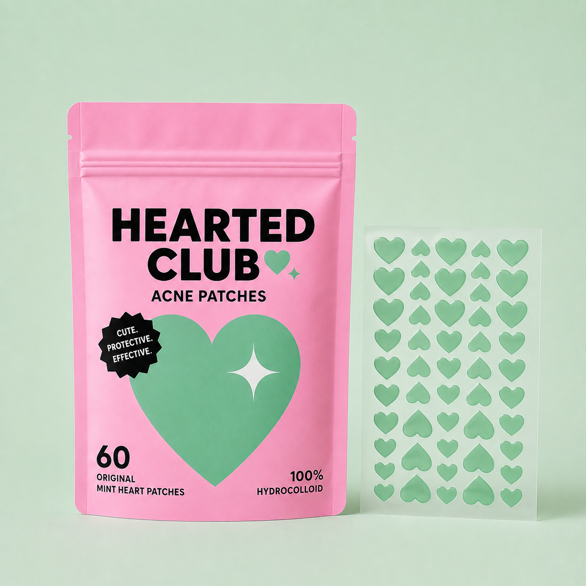 a pink bag with a green heart and a clear plastic bag