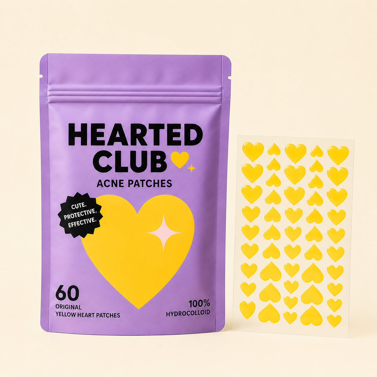 a purple bag with yellow heart design and a yellow sticker