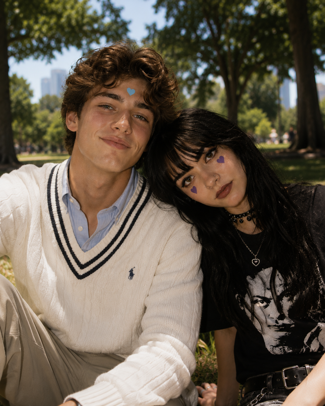 a man and woman sitting in a park